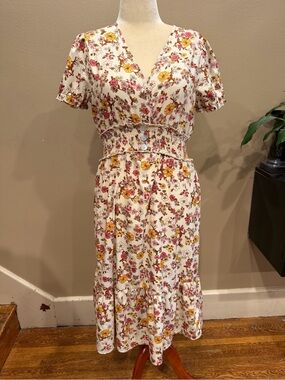 Boho Cottagecore Ditsy Floral Prairie Midi Dress Ruffled Smocked Waist Size M